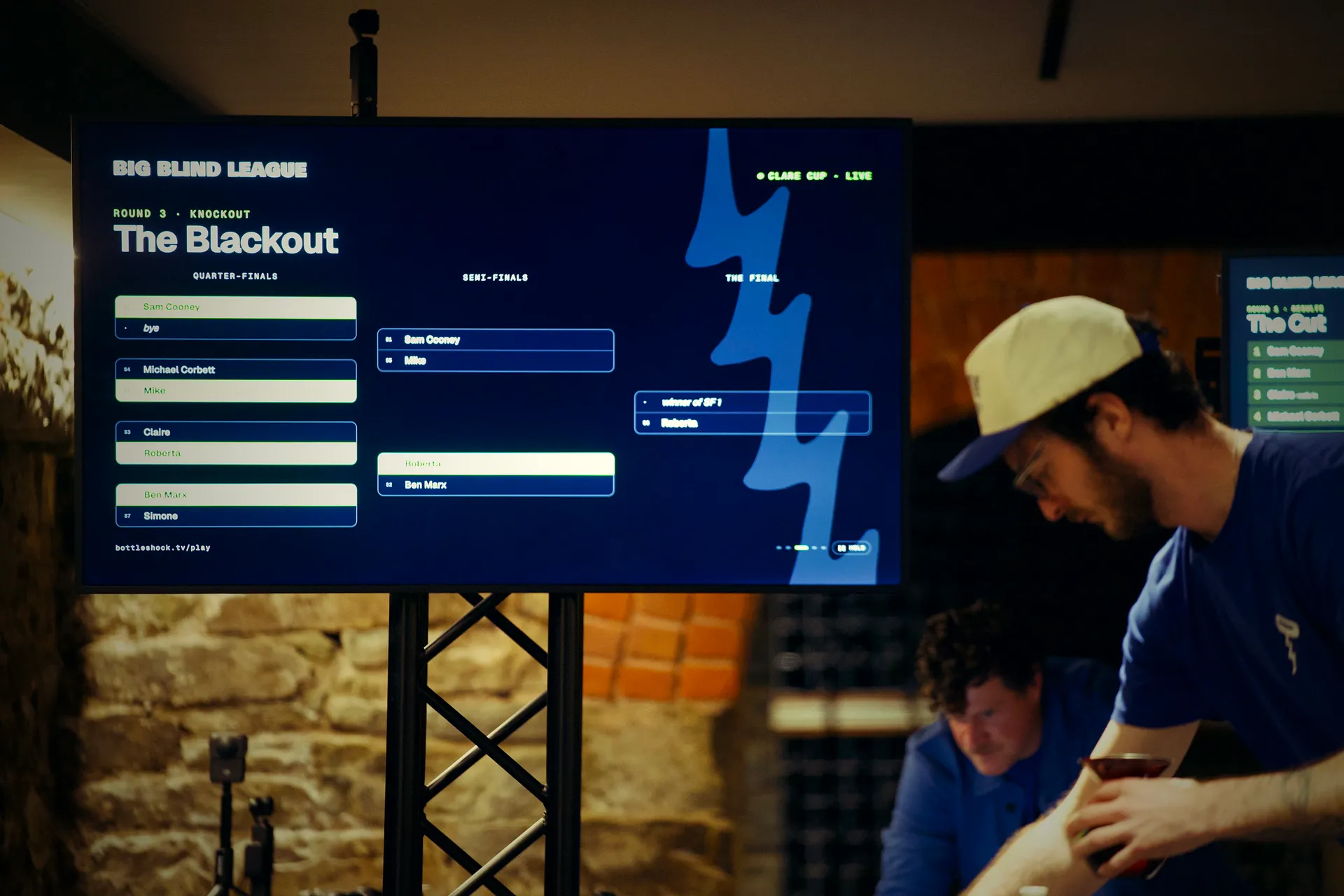 The Blackout bracket on the big screen with the final reading 'winner of SF1 vs Roberta', crew working below.